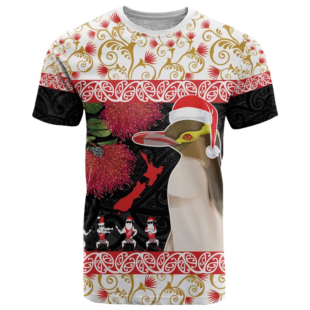 New Zealand Merry Christmas T Shirt Hoiho Xmas - Haka Dance and Pohutukawa