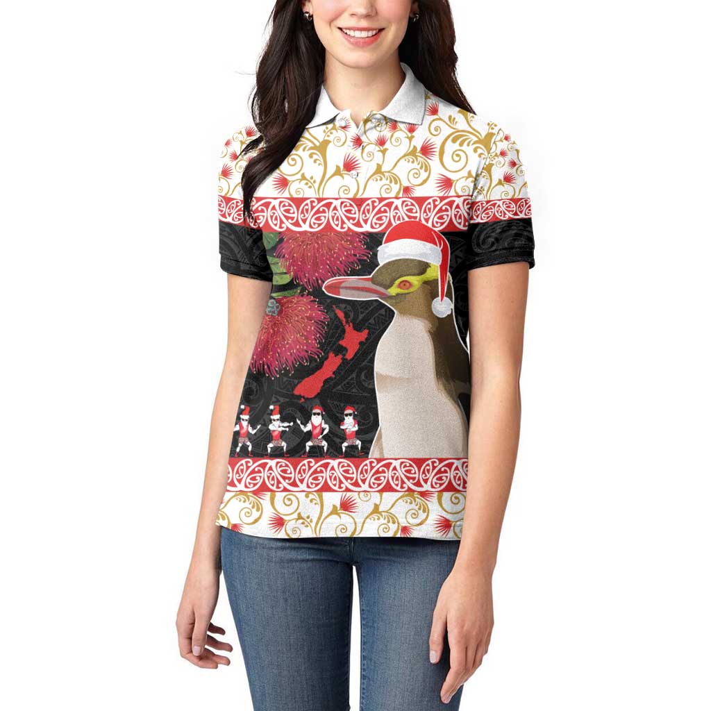 New Zealand Merry Christmas Women Polo Shirt Hoiho Xmas - Haka Dance and Pohutukawa