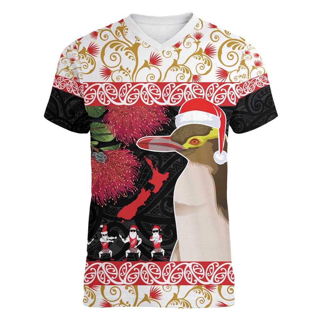 New Zealand Merry Christmas Women V-Neck T-Shirt Hoiho Xmas - Haka Dance and Pohutukawa