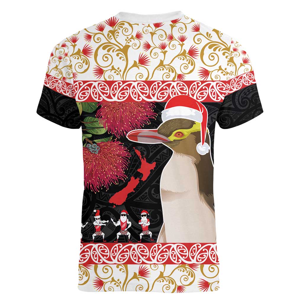 New Zealand Merry Christmas Women V-Neck T-Shirt Hoiho Xmas - Haka Dance and Pohutukawa