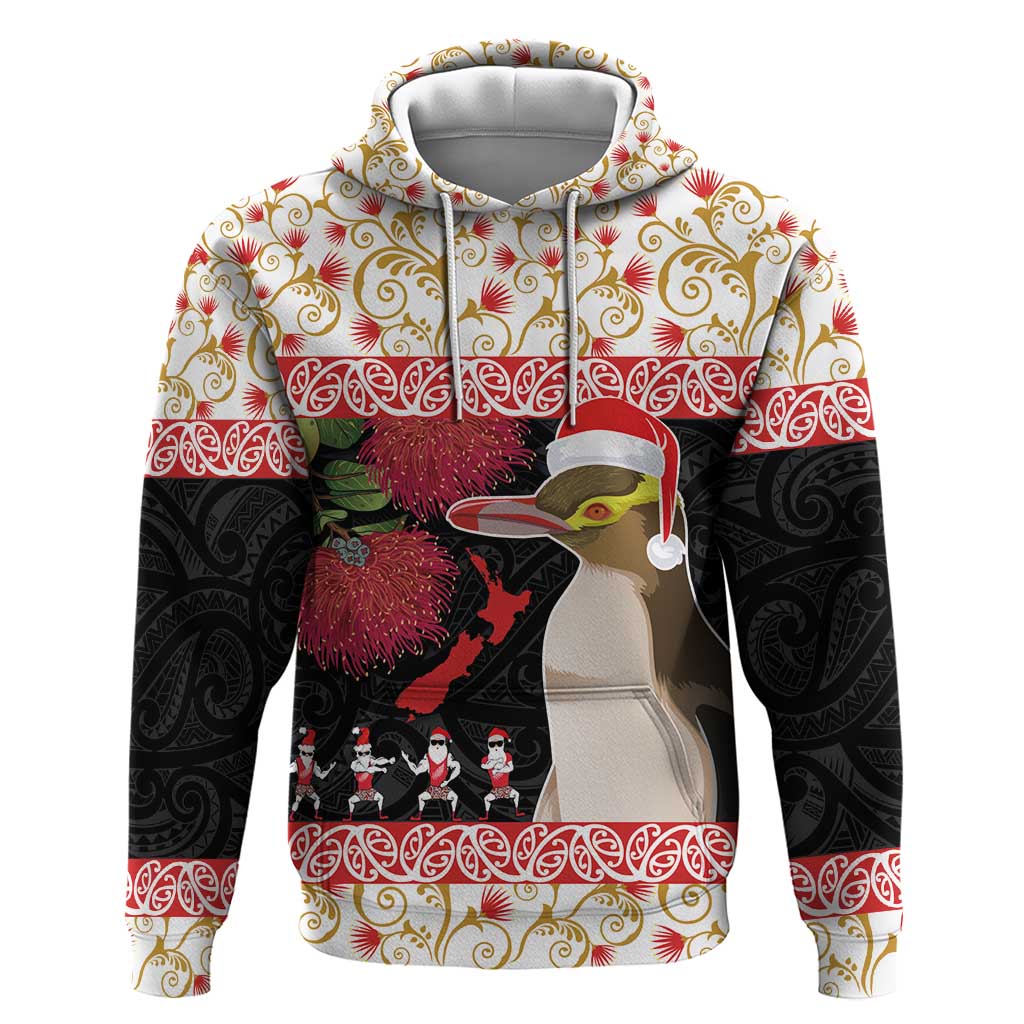 New Zealand Merry Christmas Zip Hoodie Hoiho Xmas - Haka Dance and Pohutukawa LT03 Pullover Hoodie White - Polynesian Pride