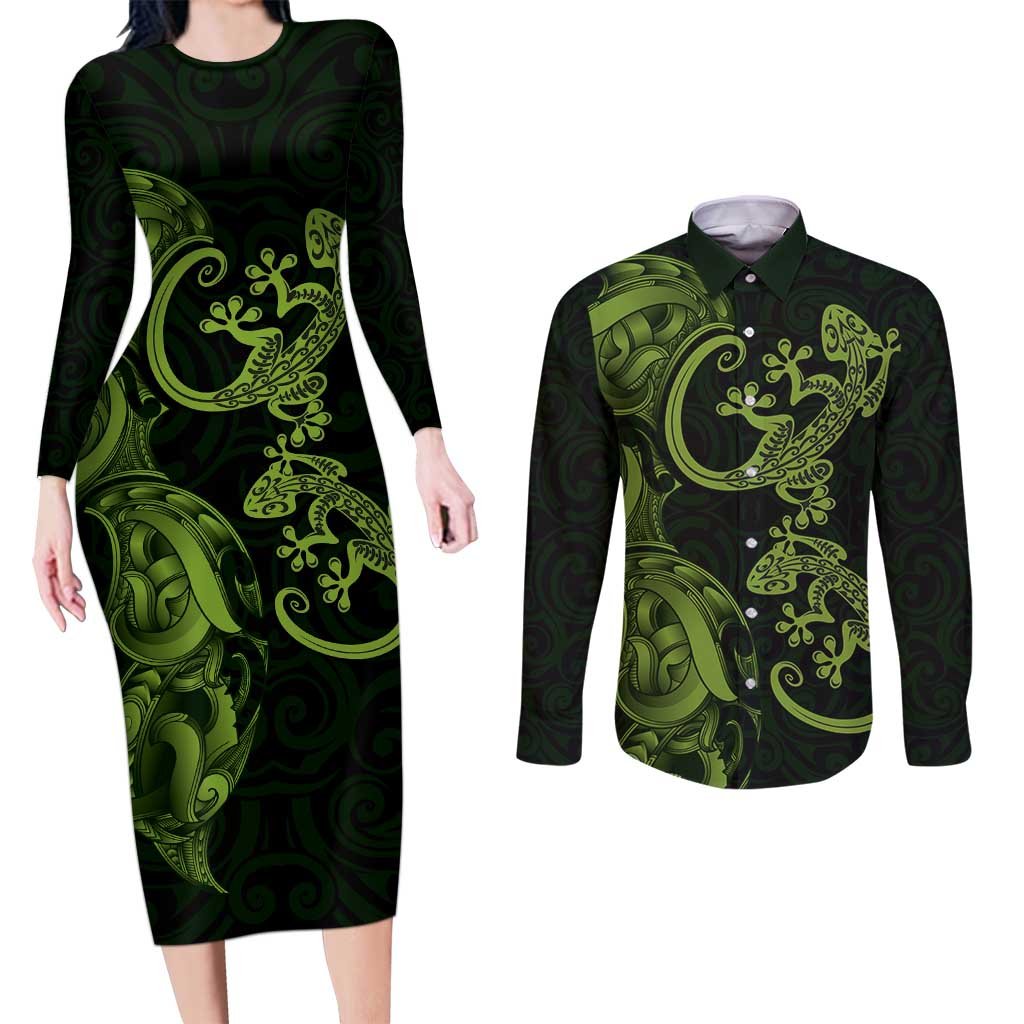 New Zealand Gecko Maori Art Tattoo Couples Matching Long Sleeve Bodycon Dress and Long Sleeve Button Shirt LT03 Green - Polynesian Pride