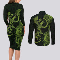 New Zealand Gecko Maori Art Tattoo Couples Matching Long Sleeve Bodycon Dress and Long Sleeve Button Shirt LT03 - Polynesian Pride