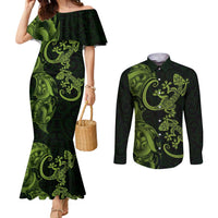 New Zealand Gecko Maori Art Tattoo Couples Matching Mermaid Dress and Long Sleeve Button Shirt LT03 Green - Polynesian Pride