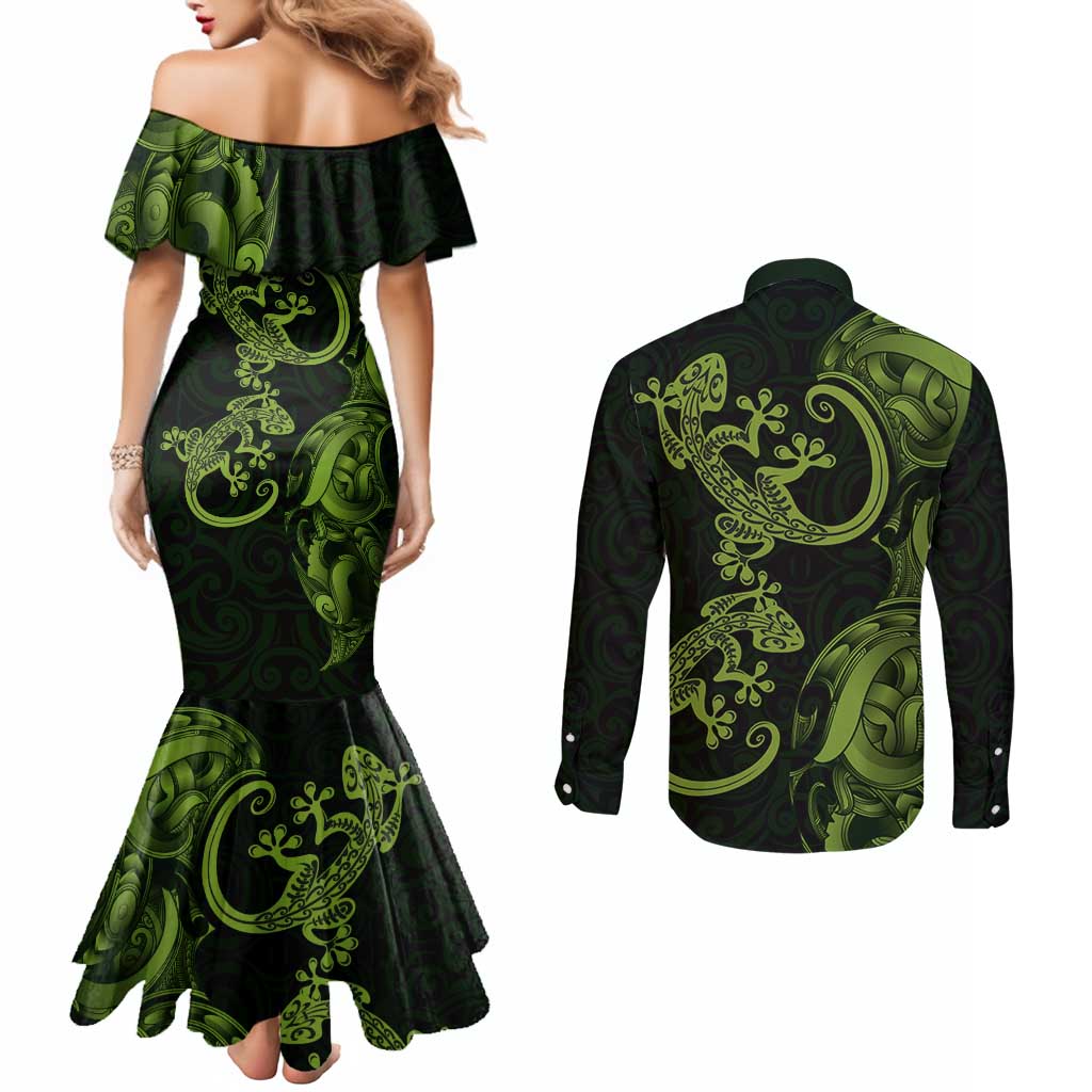 New Zealand Gecko Maori Art Tattoo Couples Matching Mermaid Dress and Long Sleeve Button Shirt LT03 - Polynesian Pride