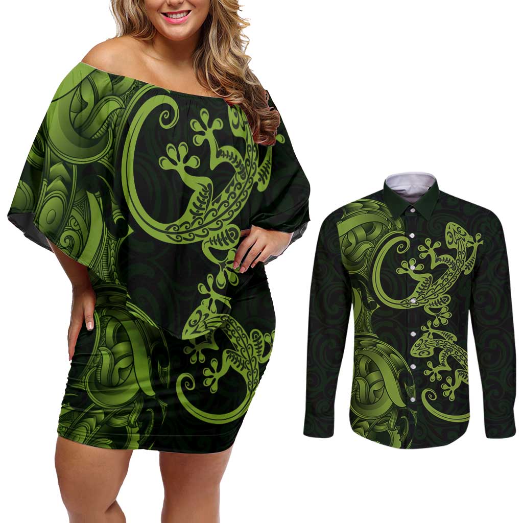 New Zealand Gecko Maori Art Tattoo Couples Matching Off Shoulder Short Dress and Long Sleeve Button Shirt LT03 Green - Polynesian Pride
