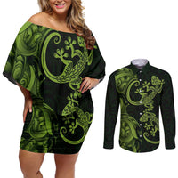 New Zealand Gecko Maori Art Tattoo Couples Matching Off Shoulder Short Dress and Long Sleeve Button Shirt LT03 Green - Polynesian Pride