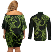 New Zealand Gecko Maori Art Tattoo Couples Matching Off Shoulder Short Dress and Long Sleeve Button Shirt LT03 - Polynesian Pride