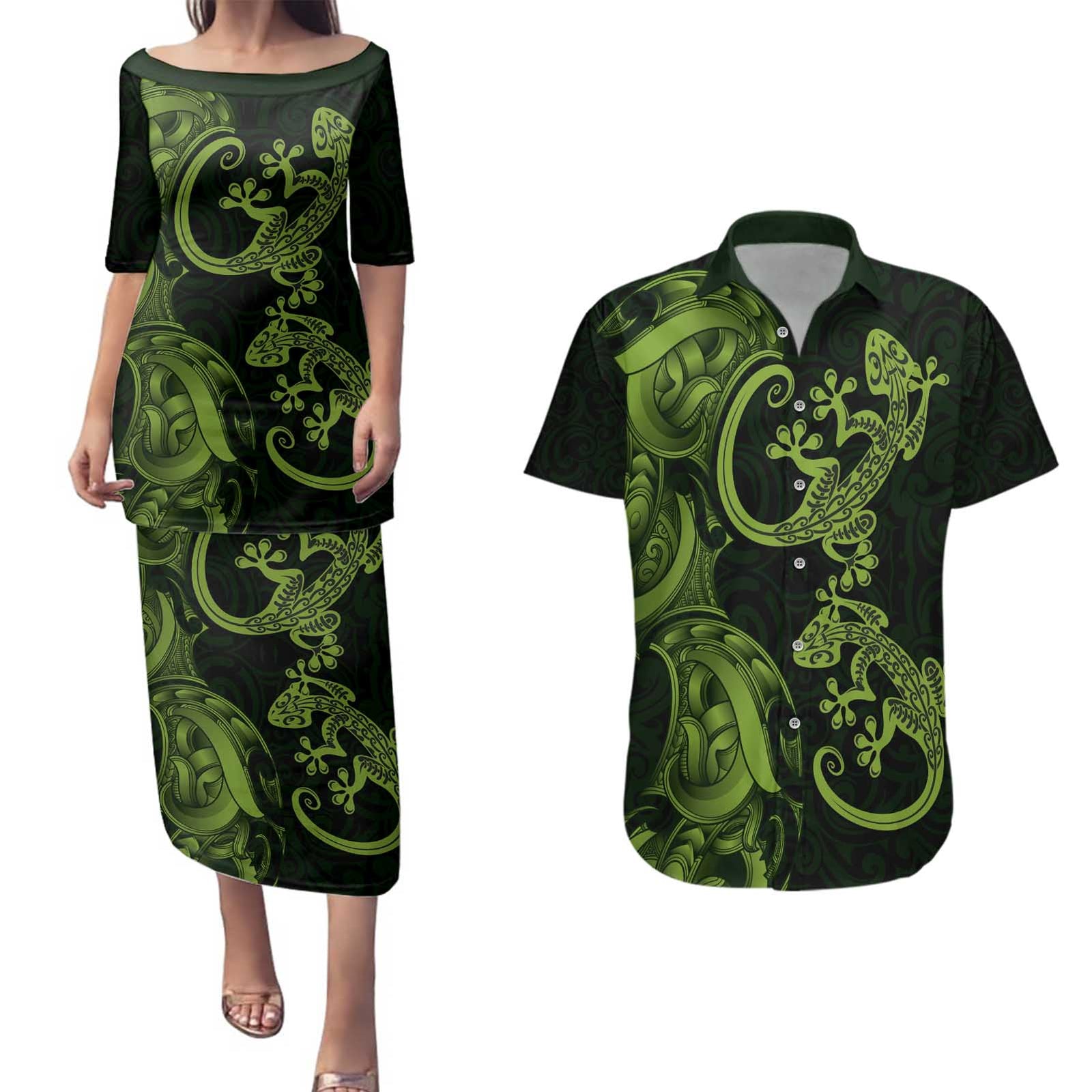 New Zealand Gecko Maori Art Tattoo Couples Matching Puletasi and Hawaiian Shirt