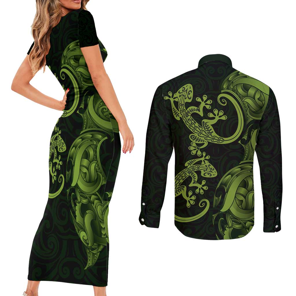New Zealand Gecko Maori Art Tattoo Couples Matching Short Sleeve Bodycon Dress and Long Sleeve Button Shirt LT03 - Polynesian Pride