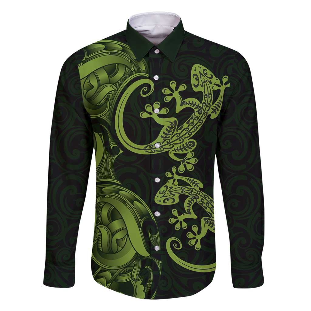 New Zealand Gecko Maori Art Tattoo Family Matching Long Sleeve Bodycon Dress and Hawaiian Shirt LT03 Dad's Shirt - Long Sleeve Green - Polynesian Pride