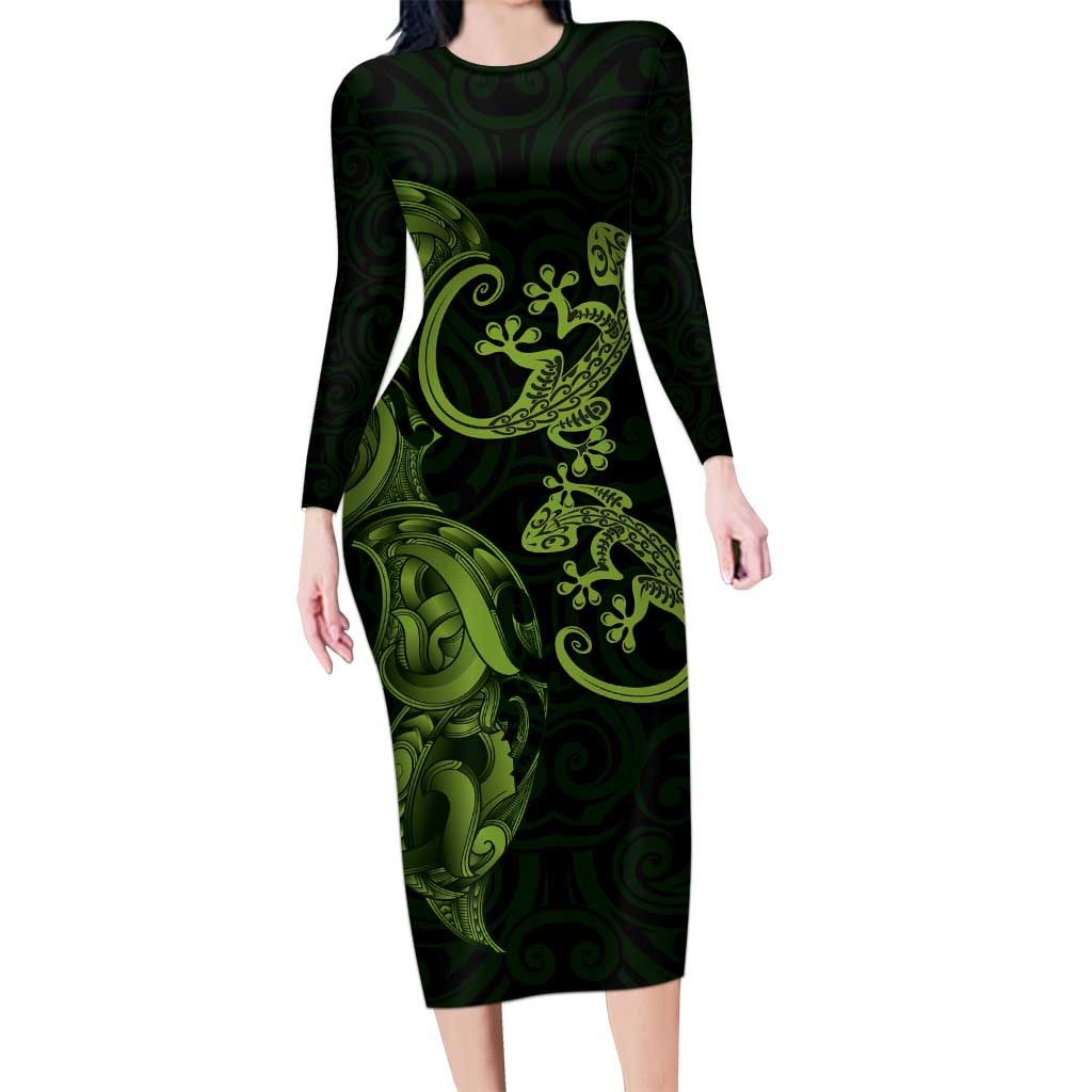 New Zealand Gecko Maori Art Tattoo Family Matching Long Sleeve Bodycon Dress and Hawaiian Shirt LT03 Mom's Dress Green - Polynesian Pride