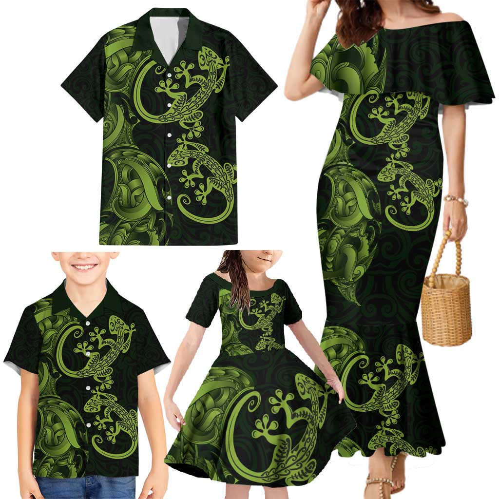 New Zealand Gecko Maori Art Tattoo Family Matching Mermaid Dress and Hawaiian Shirt LT03 - Polynesian Pride