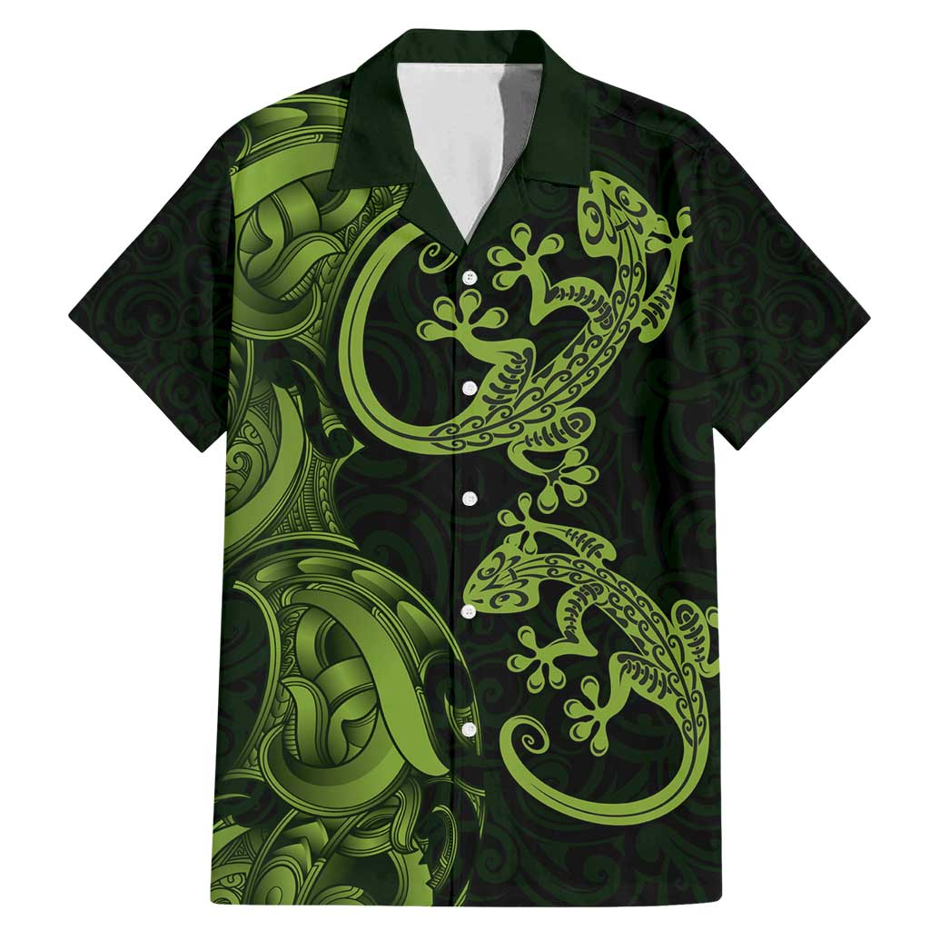 New Zealand Gecko Maori Art Tattoo Family Matching Mermaid Dress and Hawaiian Shirt LT03 Dad's Shirt - Short Sleeve Green - Polynesian Pride