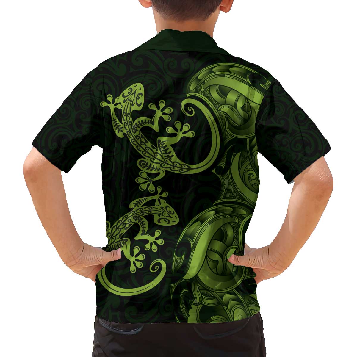 New Zealand Gecko Maori Art Tattoo Family Matching Off The Shoulder Long Sleeve Dress and Hawaiian Shirt LT03 - Polynesian Pride