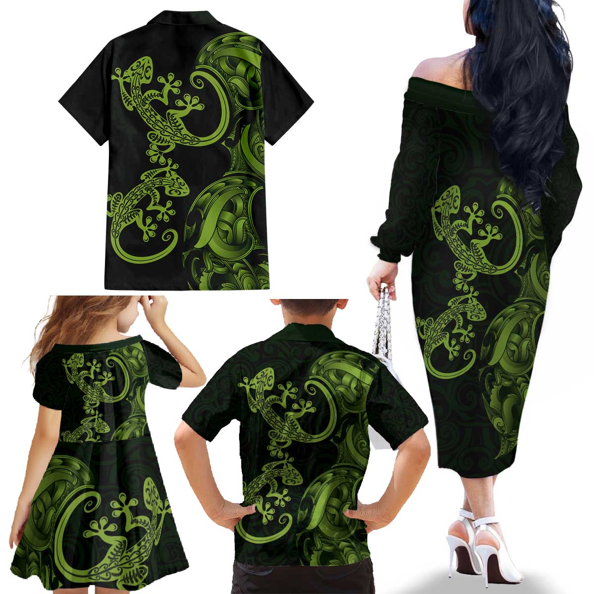 New Zealand Gecko Maori Art Tattoo Family Matching Off The Shoulder Long Sleeve Dress and Hawaiian Shirt LT03 - Polynesian Pride