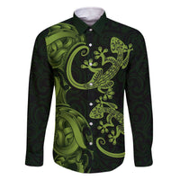 New Zealand Gecko Maori Art Tattoo Family Matching Off The Shoulder Long Sleeve Dress and Hawaiian Shirt LT03 Dad's Shirt - Long Sleeve Green - Polynesian Pride