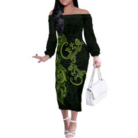 New Zealand Gecko Maori Art Tattoo Family Matching Off The Shoulder Long Sleeve Dress and Hawaiian Shirt LT03 Mom's Dress Green - Polynesian Pride