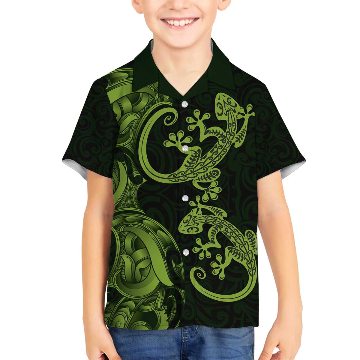 New Zealand Gecko Maori Art Tattoo Family Matching Off The Shoulder Long Sleeve Dress and Hawaiian Shirt LT03 Son's Shirt Green - Polynesian Pride