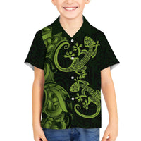 New Zealand Gecko Maori Art Tattoo Family Matching Off The Shoulder Long Sleeve Dress and Hawaiian Shirt LT03 Son's Shirt Green - Polynesian Pride