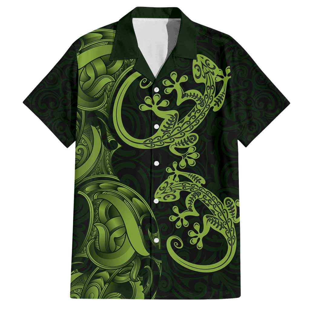 New Zealand Gecko Maori Art Tattoo Family Matching Puletasi and Hawaiian Shirt LT03 Dad's Shirt - Short Sleeve Green - Polynesian Pride