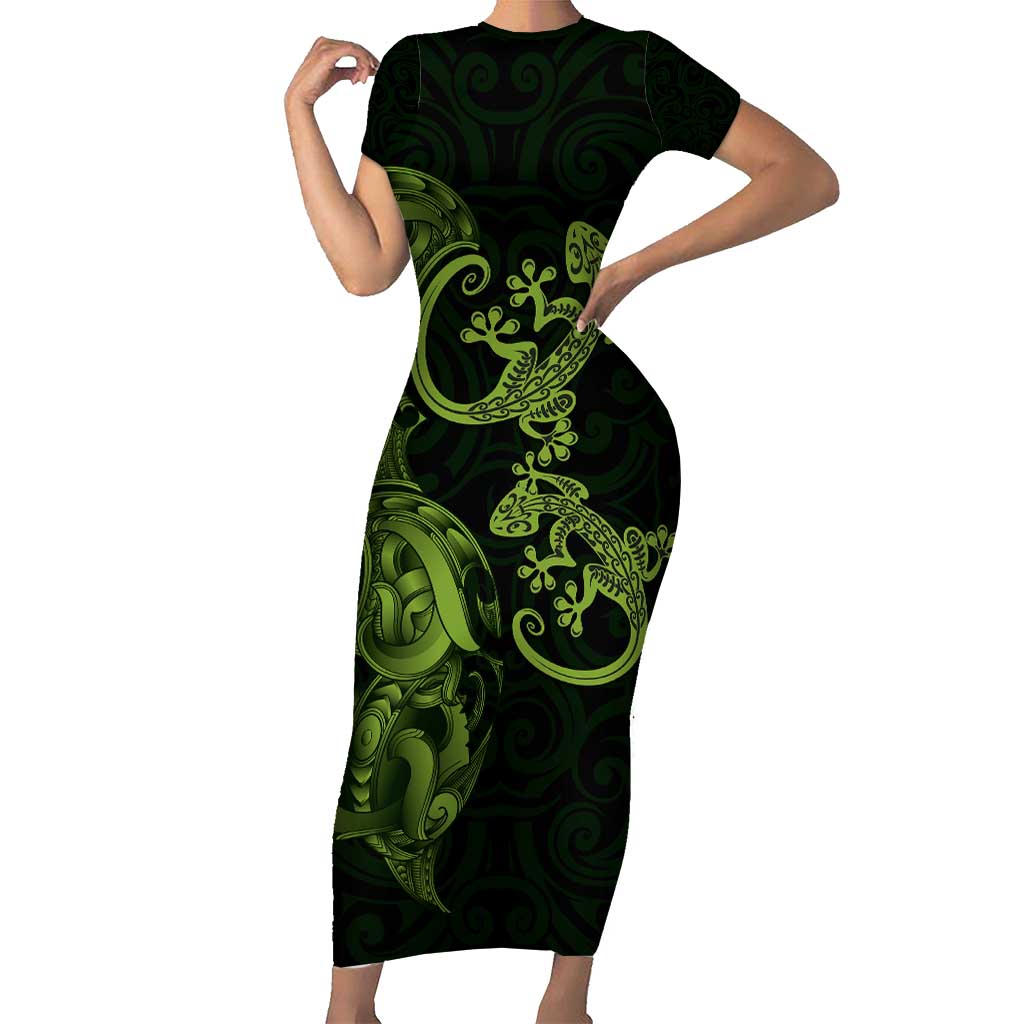 New Zealand Gecko Maori Art Tattoo Family Matching Short Sleeve Bodycon Dress and Hawaiian Shirt LT03 Mom's Dress Green - Polynesian Pride