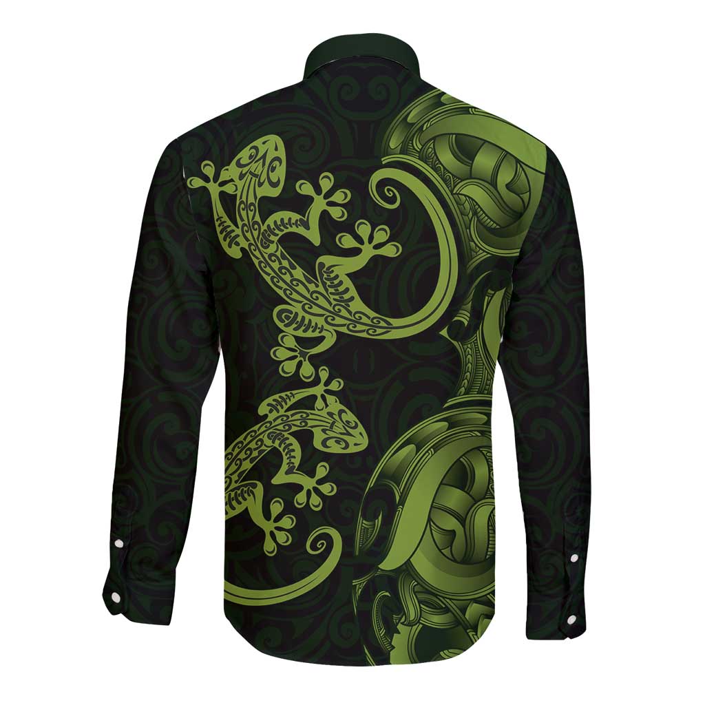 New Zealand Gecko Maori Art Tattoo Long Sleeve Button Shirt