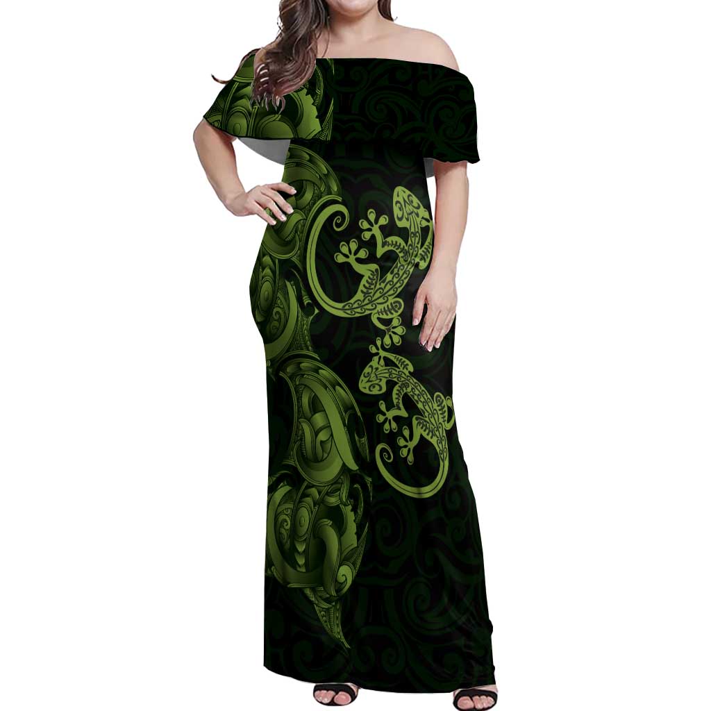 New Zealand Gecko Maori Art Tattoo Off Shoulder Maxi Dress