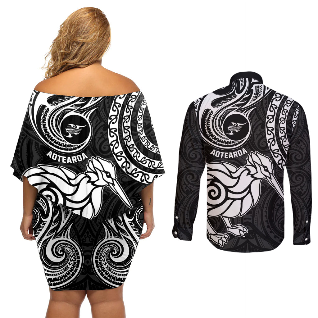 New Zealand Couples Matching Off Shoulder Short Dress and Long Sleeve Button Shirt Stylized Kiwi Bird Tattoo Mix Koru Circle and Maori Ethnic Vibe LT03 - Polynesian Pride