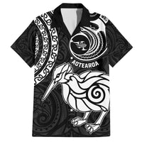 New Zealand Family Matching Off Shoulder Long Sleeve Dress and Hawaiian Shirt Stylized Kiwi Bird Tattoo Mix Koru Circle and Maori Ethnic Vibe LT03 Dad's Shirt - Short Sleeve Black - Polynesian Pride