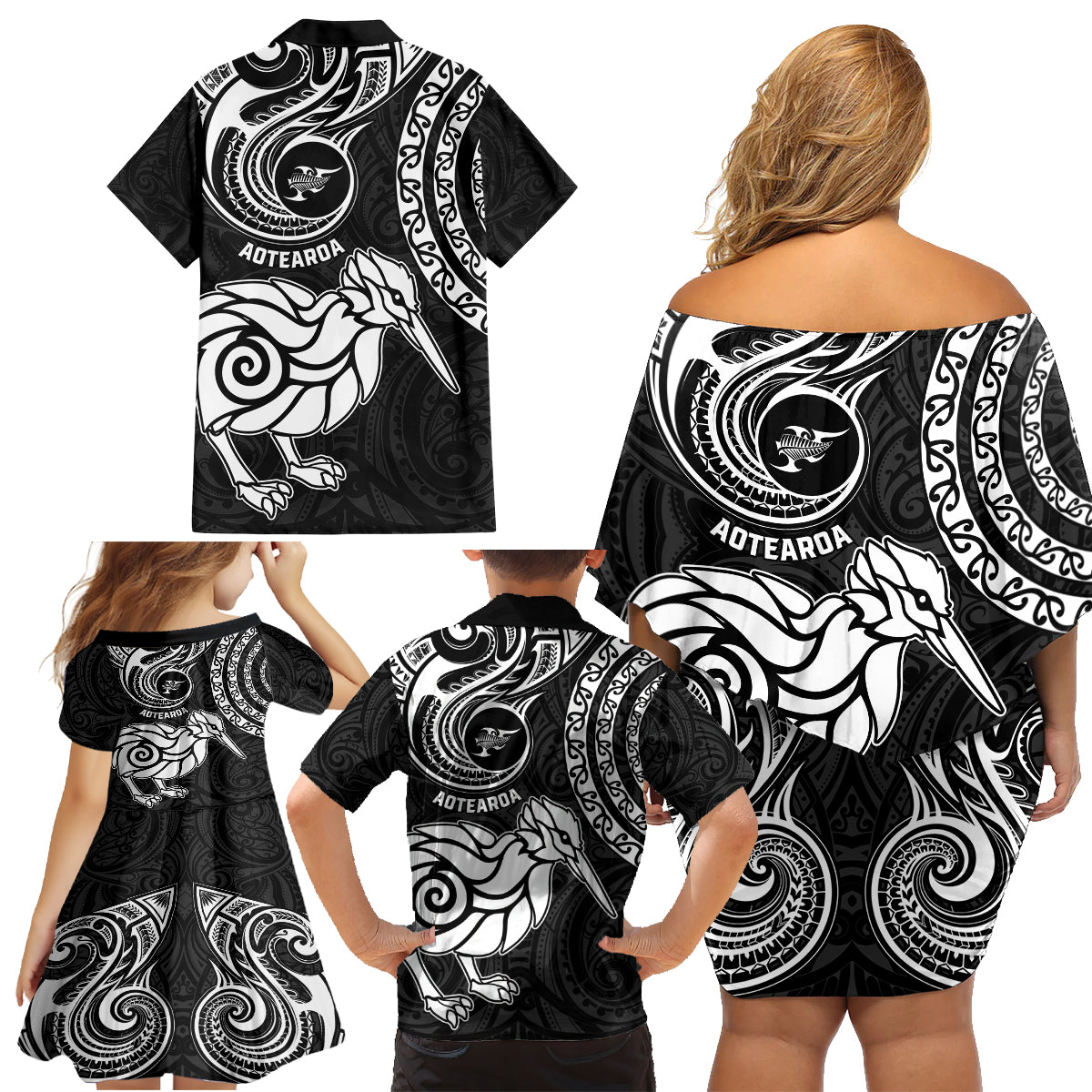 New Zealand Family Matching Off Shoulder Short Dress and Hawaiian Shirt Stylized Kiwi Bird Tattoo Mix Koru Circle and Maori Ethnic Vibe LT03 - Polynesian Pride