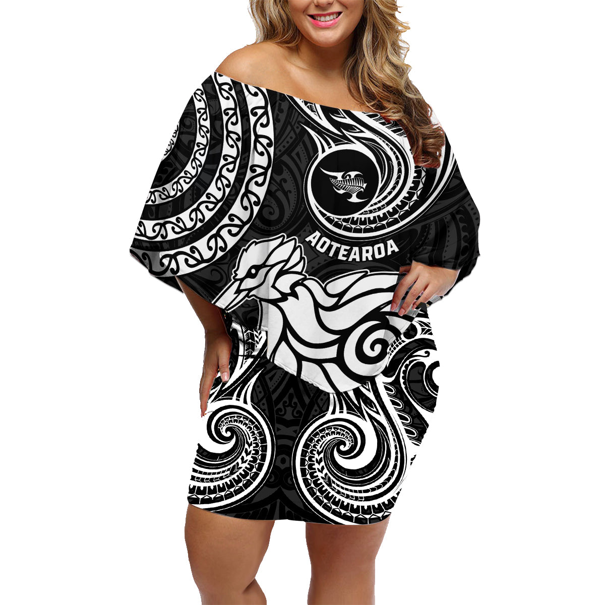 New Zealand Family Matching Off Shoulder Short Dress and Hawaiian Shirt Stylized Kiwi Bird Tattoo Mix Koru Circle and Maori Ethnic Vibe LT03 Mom's Dress Black - Polynesian Pride