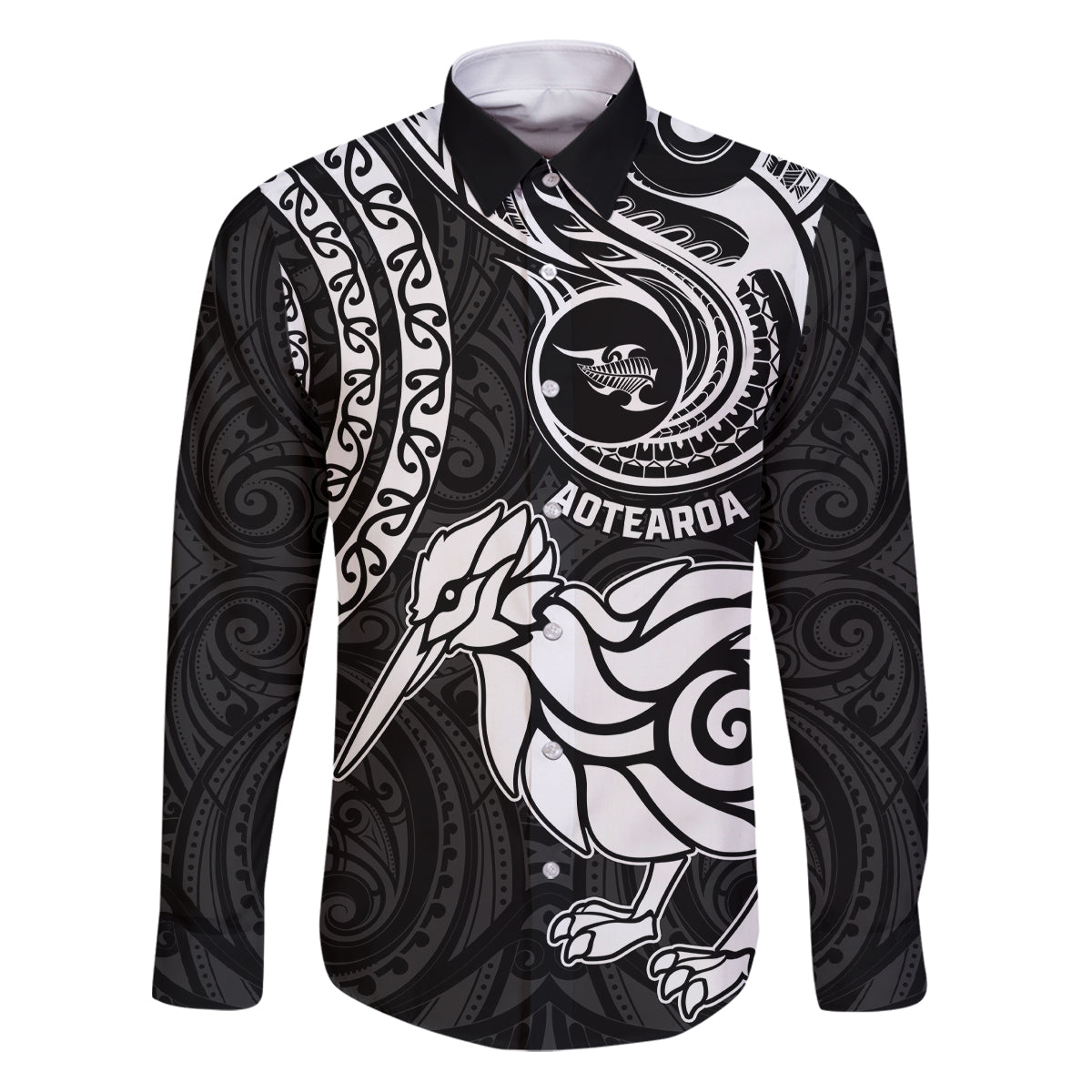New Zealand Family Matching Puletasi Dress and Hawaiian Shirt Stylized Kiwi Bird Tattoo Mix Koru Circle and Maori Ethnic Vibe LT03 Dad's Shirt - Long Sleeve Black - Polynesian Pride