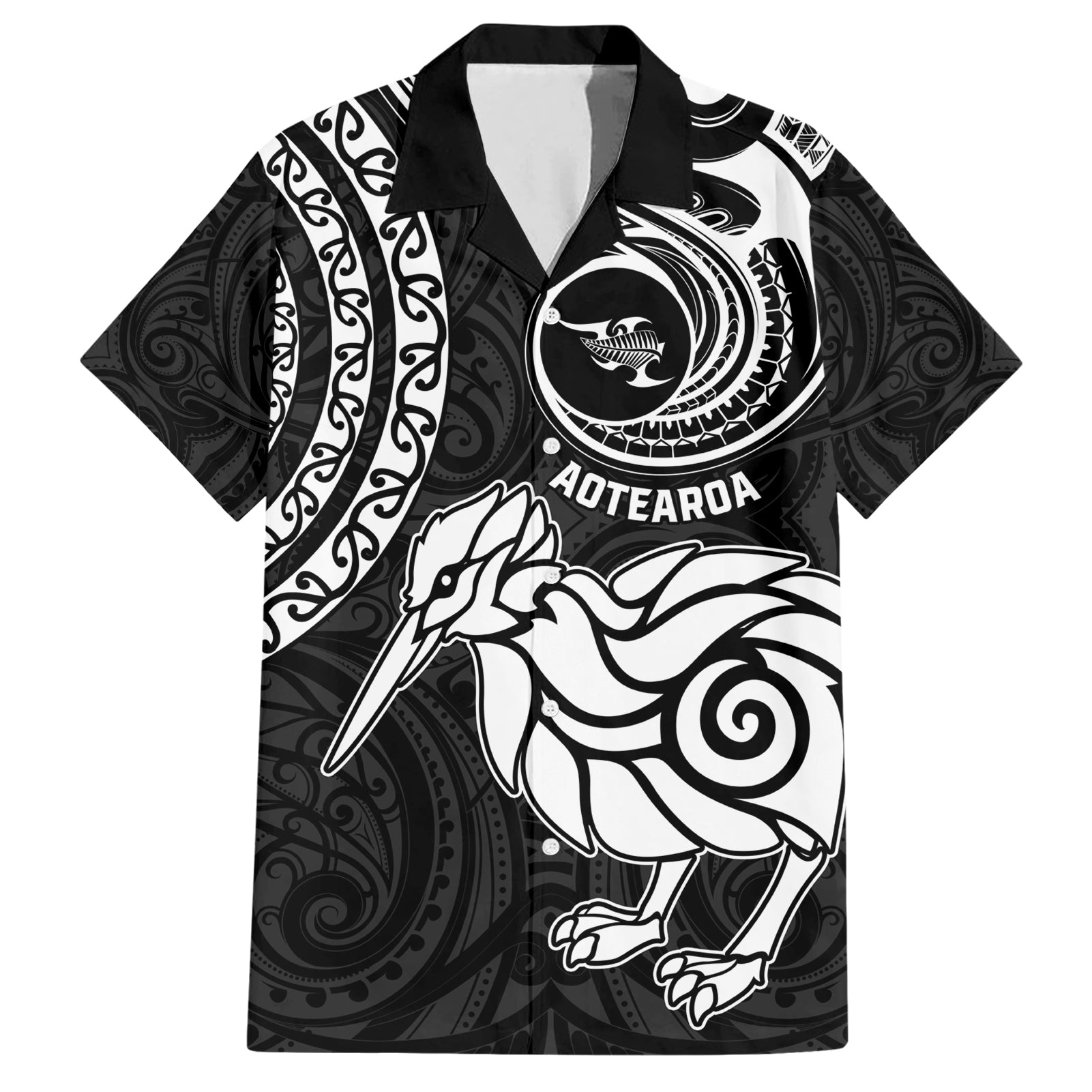 New Zealand Hawaiian Shirt Stylized Kiwi Bird Tattoo Mix Koru Circle and Maori Ethnic Vibe LT03 Black - Polynesian Pride