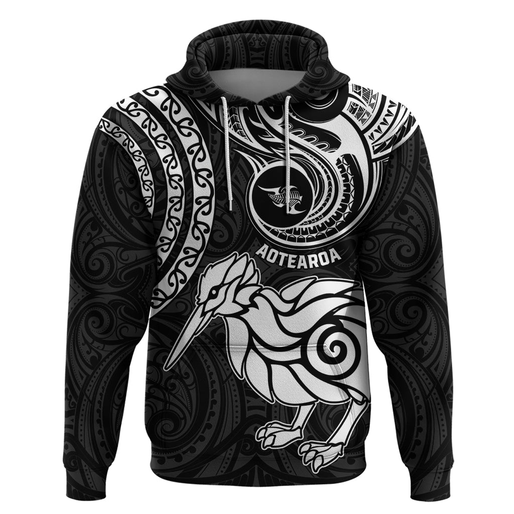 New Zealand Hoodie Stylized Kiwi Bird Tattoo Mix Koru Circle and Maori Ethnic Vibe LT03 Black - Polynesian Pride