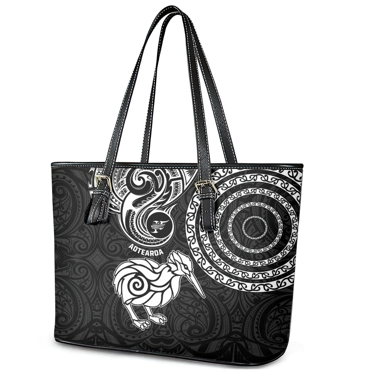New Zealand Leather Tote Bag Stylized Kiwi Bird Tattoo Mix Koru Circle and Maori Ethnic Vibe LT03 - Polynesian Pride