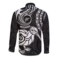 New Zealand Long Sleeve Button Shirt Stylized Kiwi Bird Tattoo Mix Koru Circle and Maori Ethnic Vibe LT03 - Polynesian Pride