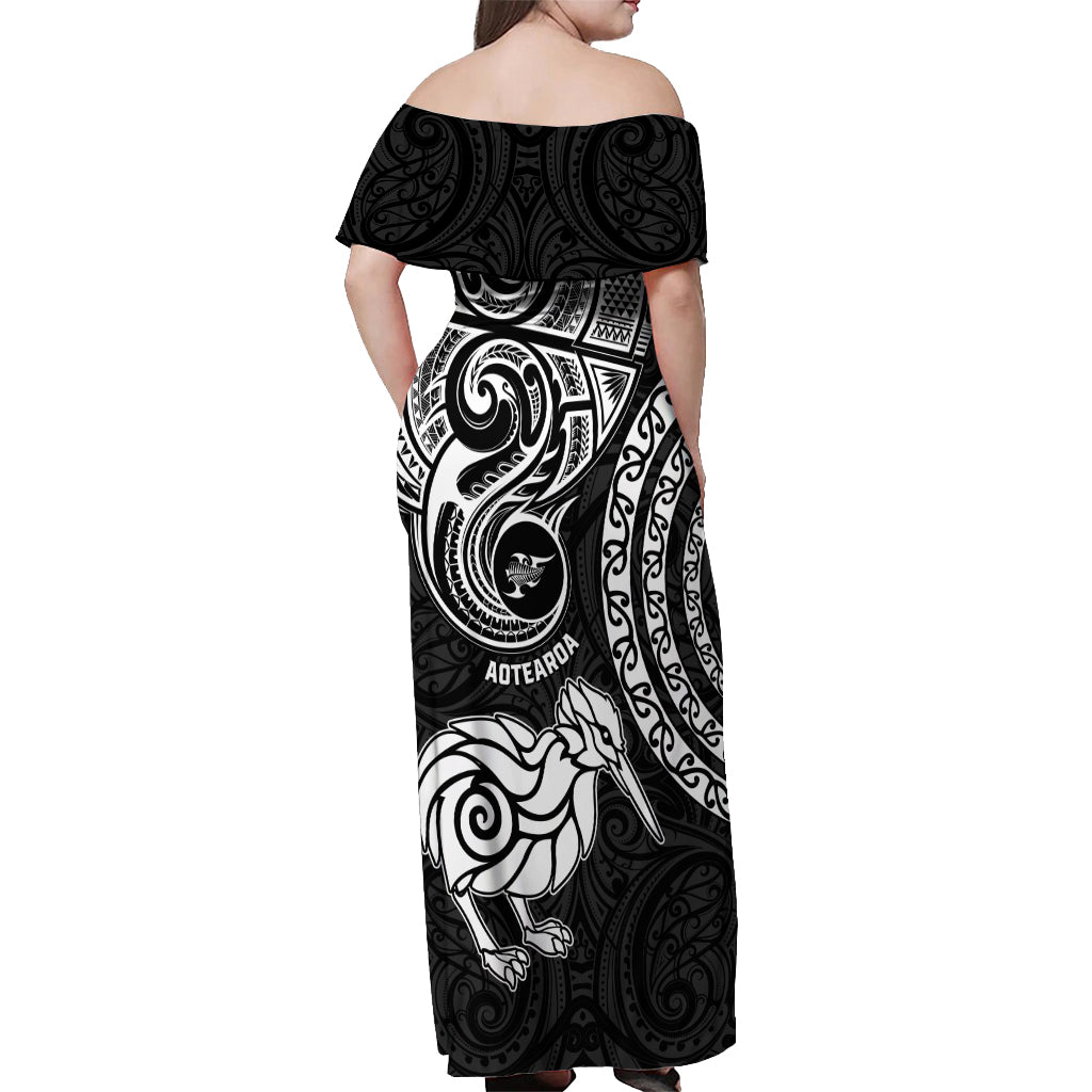 New Zealand Off Shoulder Maxi Dress Stylized Kiwi Bird Tattoo Mix Koru Circle and Maori Ethnic Vibe LT03 - Polynesian Pride