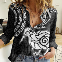 New Zealand Women Casual Shirt Stylized Kiwi Bird Tattoo Mix Koru Circle and Maori Ethnic Vibe LT03 Female Black - Polynesian Pride