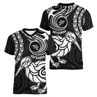 New Zealand Women V Neck T Shirt Stylized Kiwi Bird Tattoo Mix Koru Circle and Maori Ethnic Vibe LT03 - Polynesian Pride