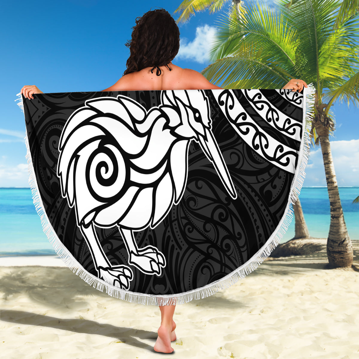 Personalised New Zealand Beach Blanket Stylized Kiwi Bird Tattoo Mix Koru Circle and Maori Ethnic Vibe LT03 - Polynesian Pride