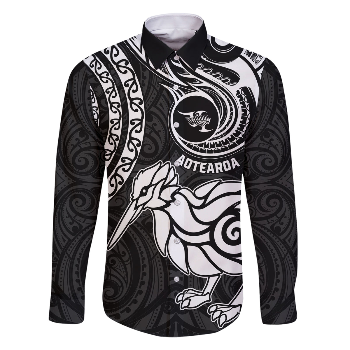 Personalised New Zealand Family Matching Short Sleeve Bodycon Dress and Hawaiian Shirt Stylized Kiwi Bird Tattoo Mix Koru Circle and Maori Ethnic Vibe LT03 Dad's Shirt - Long Sleeve Black - Polynesian Pride