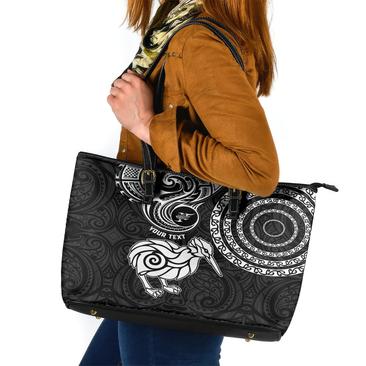 Personalised New Zealand Leather Tote Bag Stylized Kiwi Bird Tattoo Mix Koru Circle and Maori Ethnic Vibe LT03 Black - Polynesian Pride