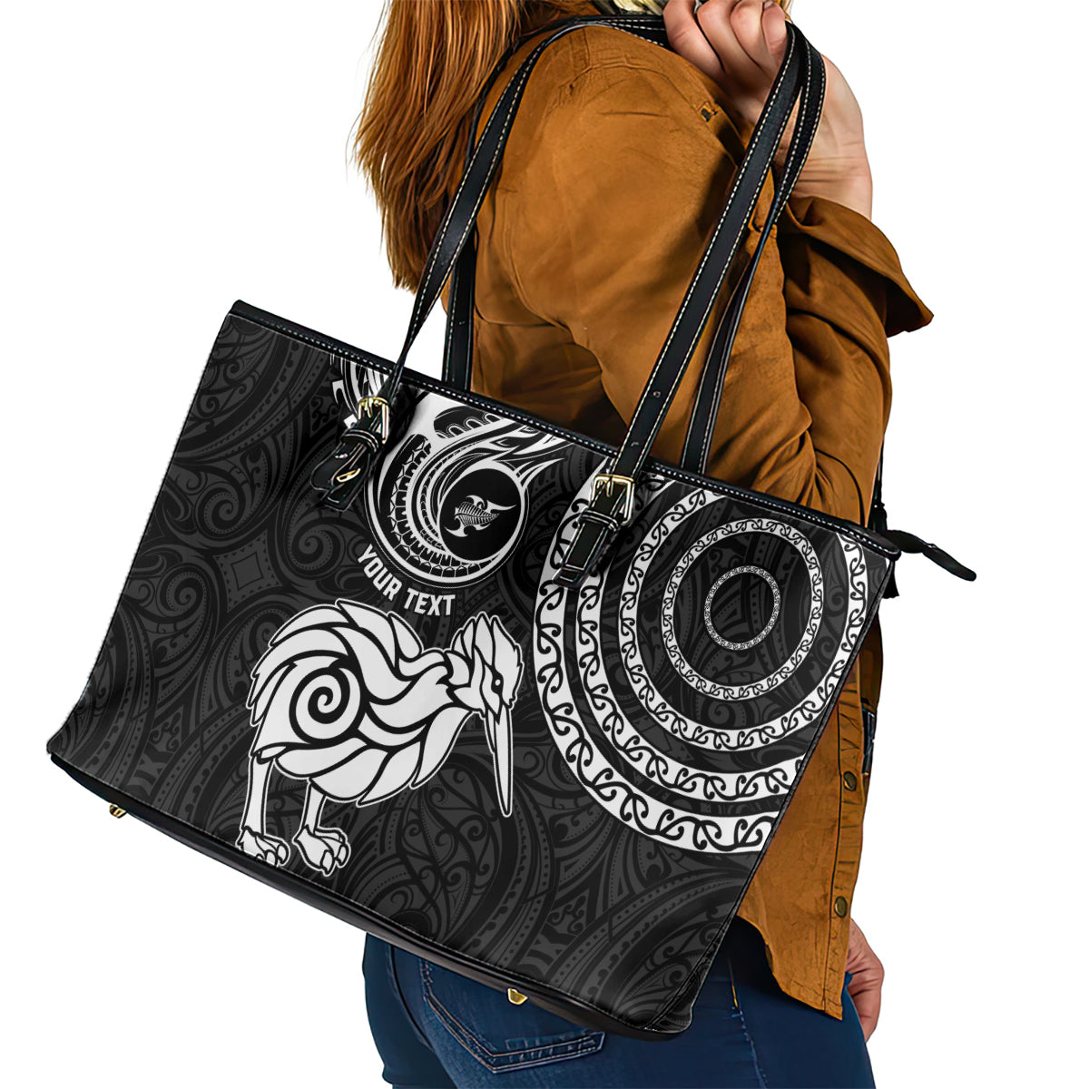 Personalised New Zealand Leather Tote Bag Stylized Kiwi Bird Tattoo Mix Koru Circle and Maori Ethnic Vibe LT03 - Polynesian Pride