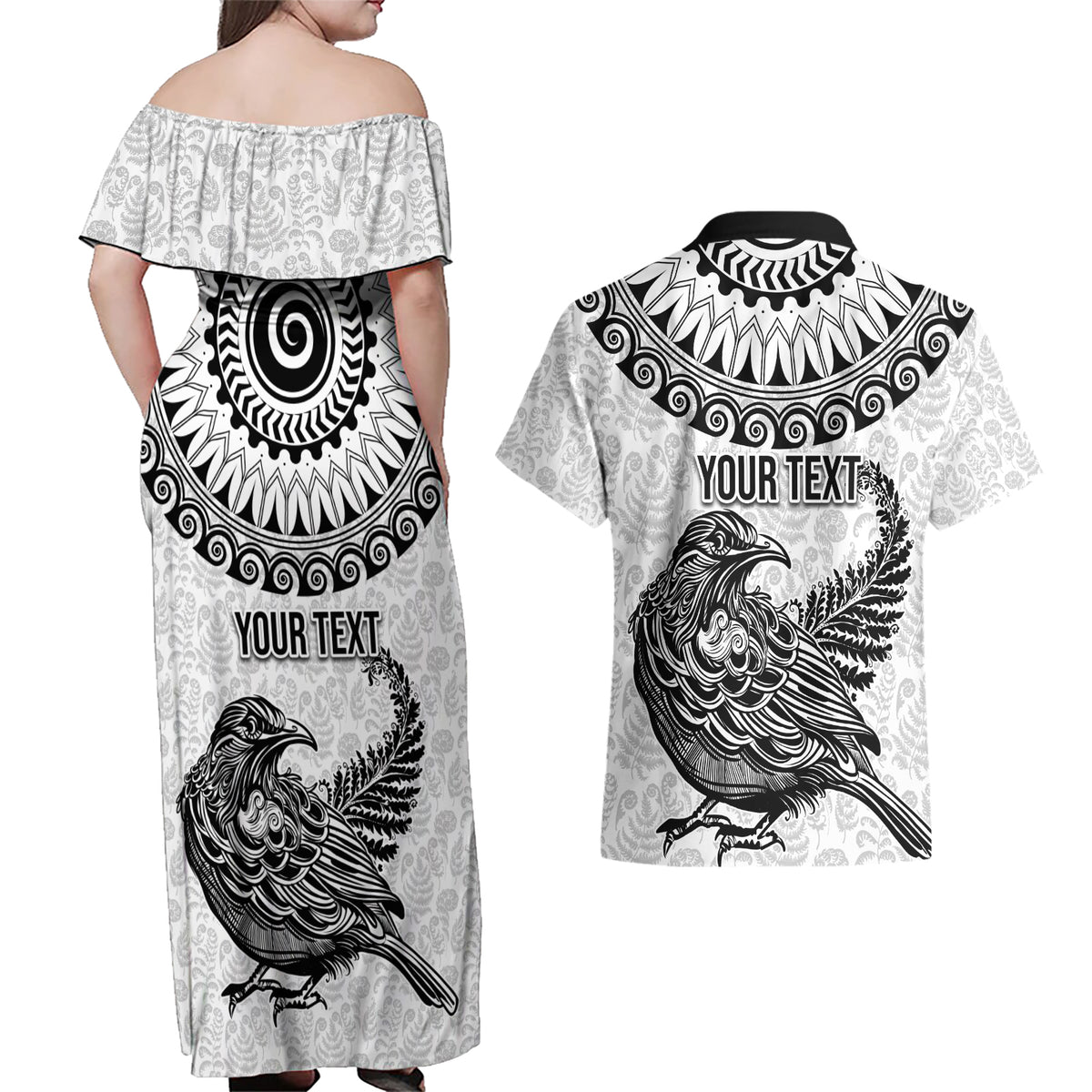 Custom New Zealand Couples Matching Off Shoulder Maxi Dress and Hawaiian Shirt Tui Bird and Koru Circle Mix Silver Fern Pattern LT03 - Polynesian Pride