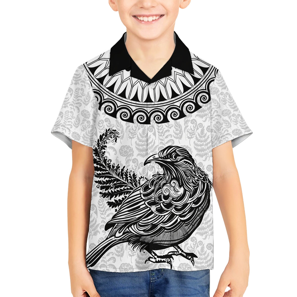 Custom New Zealand Family Matching Long Sleeve Bodycon Dress and Hawaiian Shirt Tui Bird and Koru Circle Mix Silver Fern Pattern LT03 Son's Shirt White - Polynesian Pride