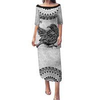 Custom New Zealand Family Matching Puletasi Dress and Hawaiian Shirt Tui Bird and Koru Circle Mix Silver Fern Pattern LT03 Mom's Dress White - Polynesian Pride