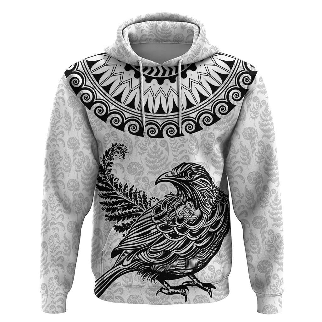 Custom New Zealand Hoodie Tui Bird and Koru Circle Mix Silver Fern Pattern LT03 Pullover Hoodie White - Polynesian Pride