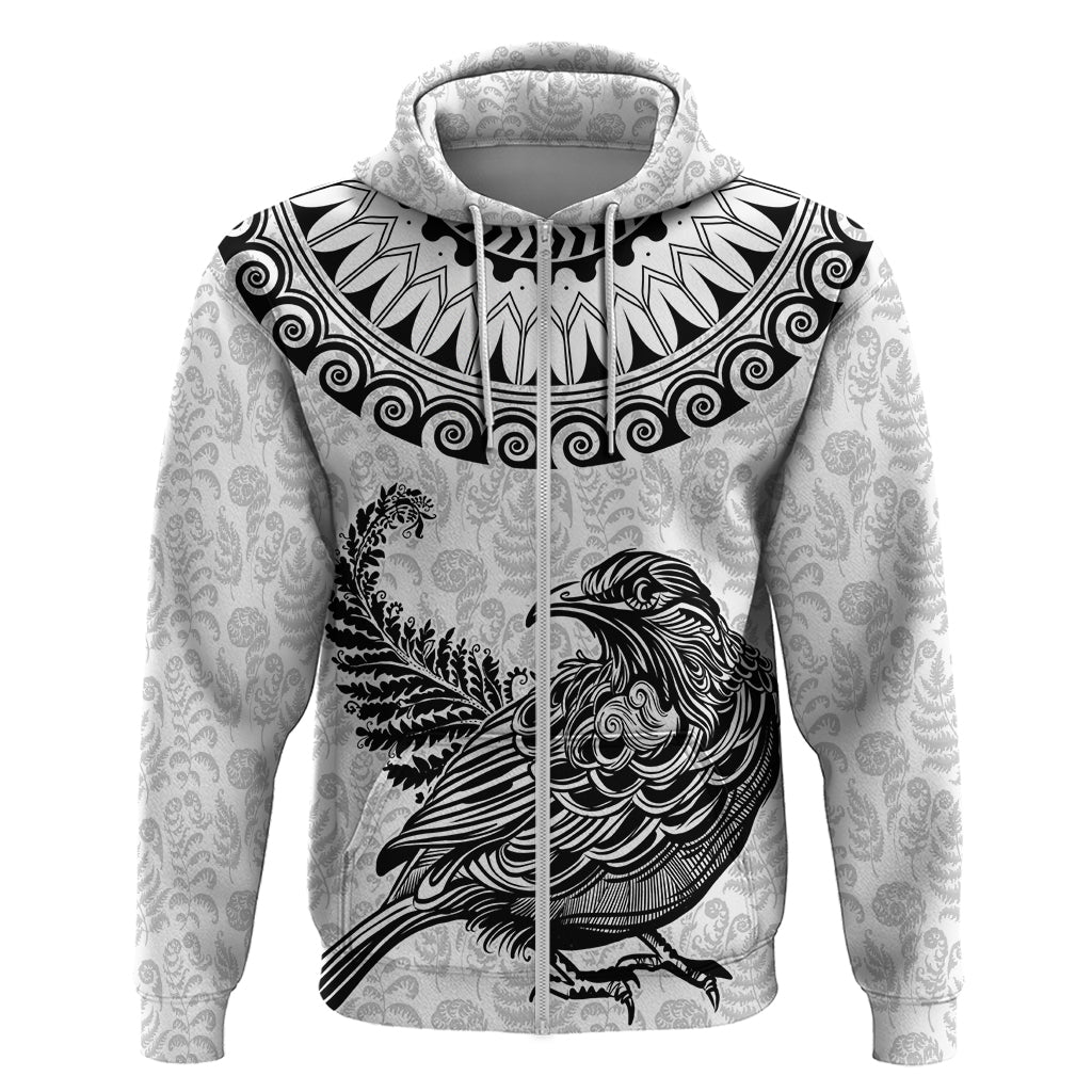 Custom New Zealand Hoodie Tui Bird and Koru Circle Mix Silver Fern Pattern LT03 Zip Hoodie White - Polynesian Pride