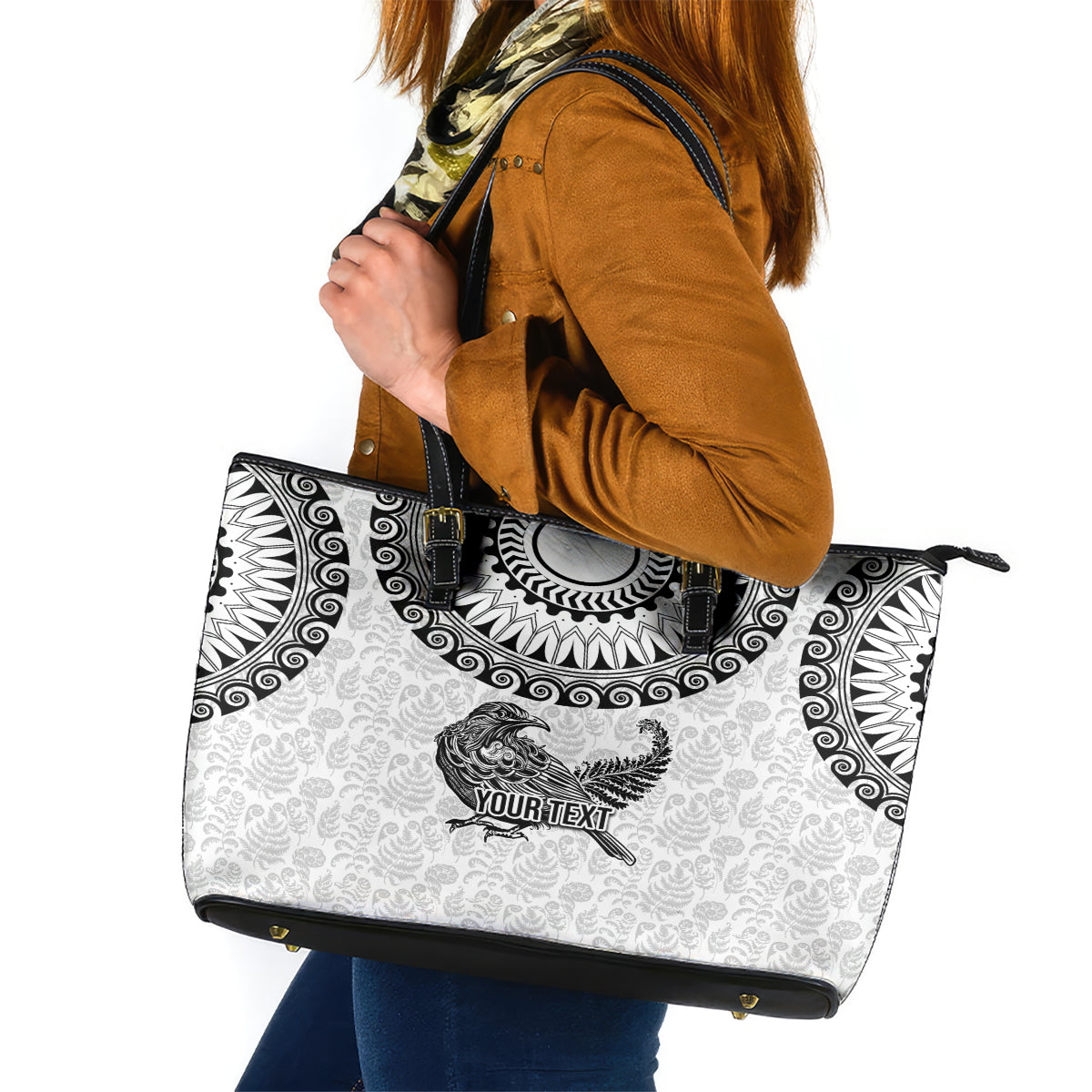 Custom New Zealand Leather Tote Bag Tui Bird and Koru Circle Mix Silver Fern Pattern LT03 White - Polynesian Pride